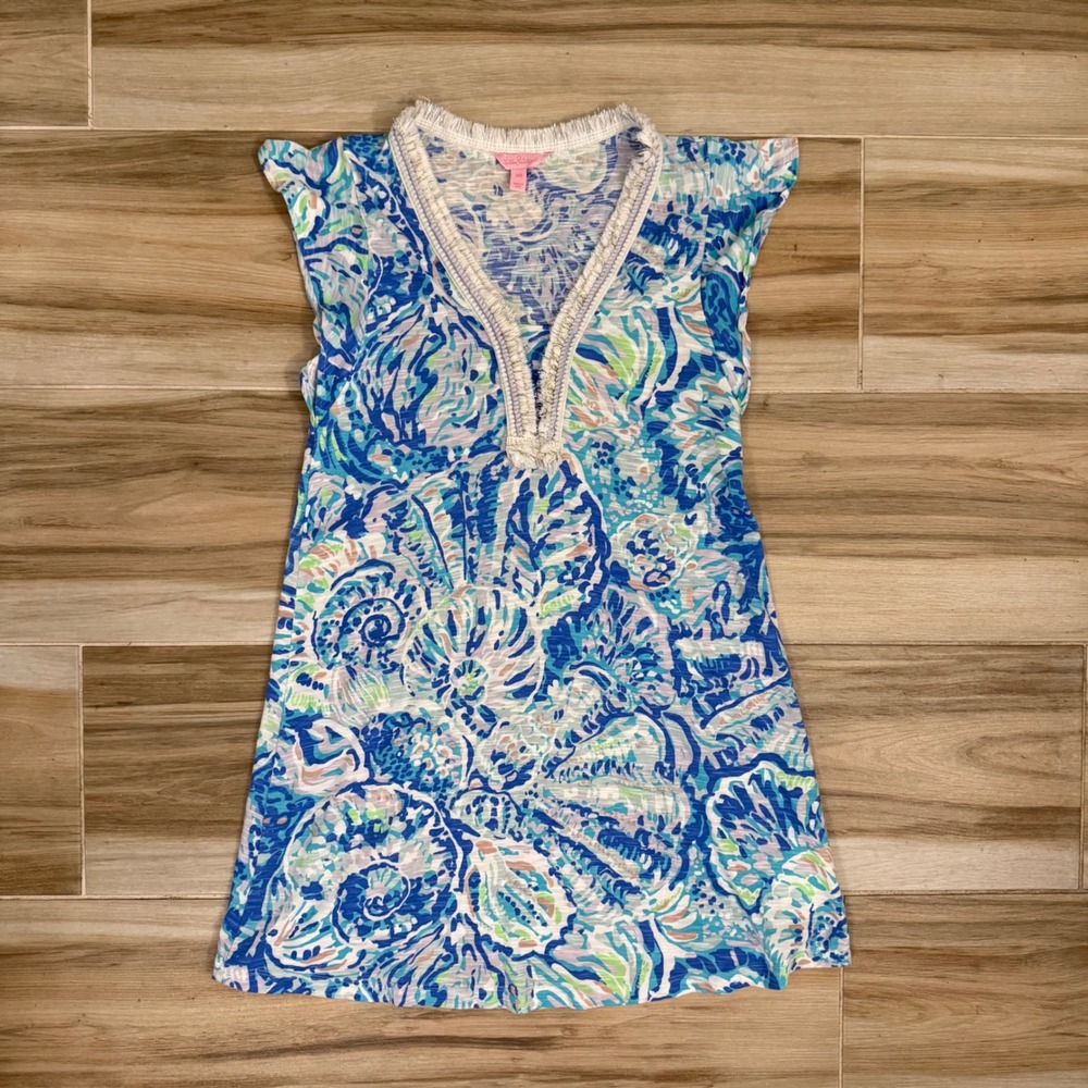 Lilly Pulitzer Blue Green Seashell Fringe V-Neck Dress XXS Cotton Modal Jersey